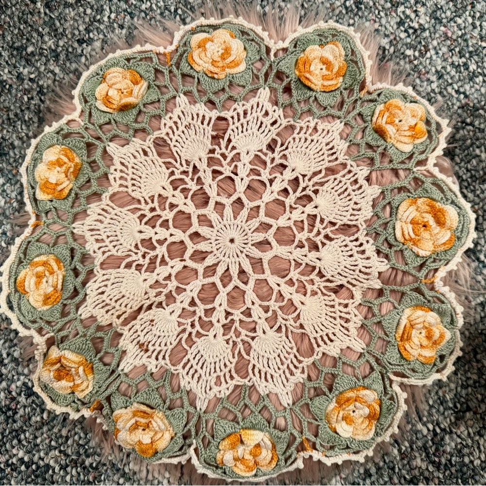 Hand Crafted Floral Crochet Doily in Cream, Green, and Orange